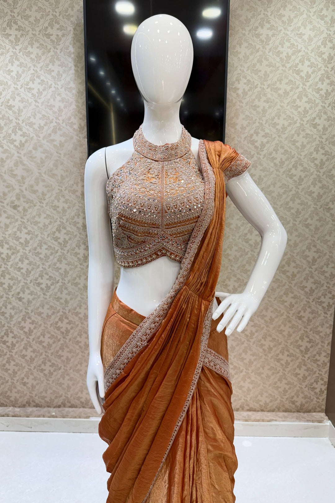 Orange Readymade Saree with Pearl, Zari Thread, Mirror and Stone work Readymade Blouse
