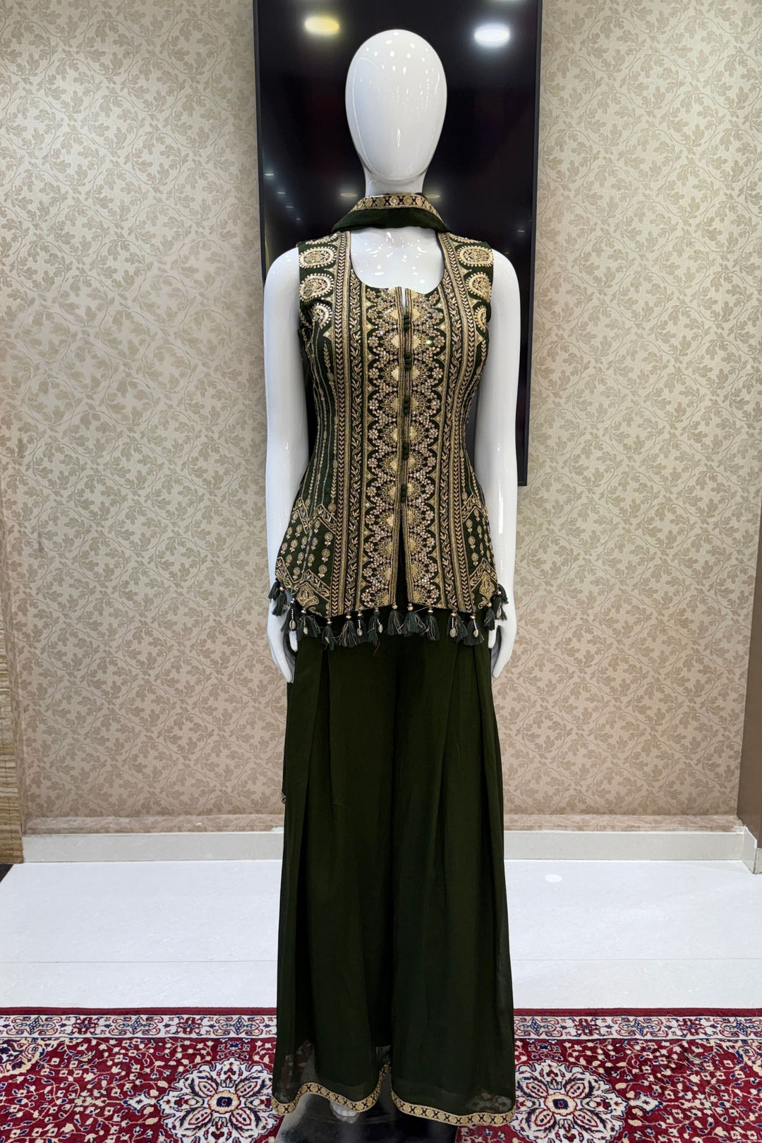 Bottle Green Palazzo Set Featuring All-Over Sequins, Zari, Stone and Beads