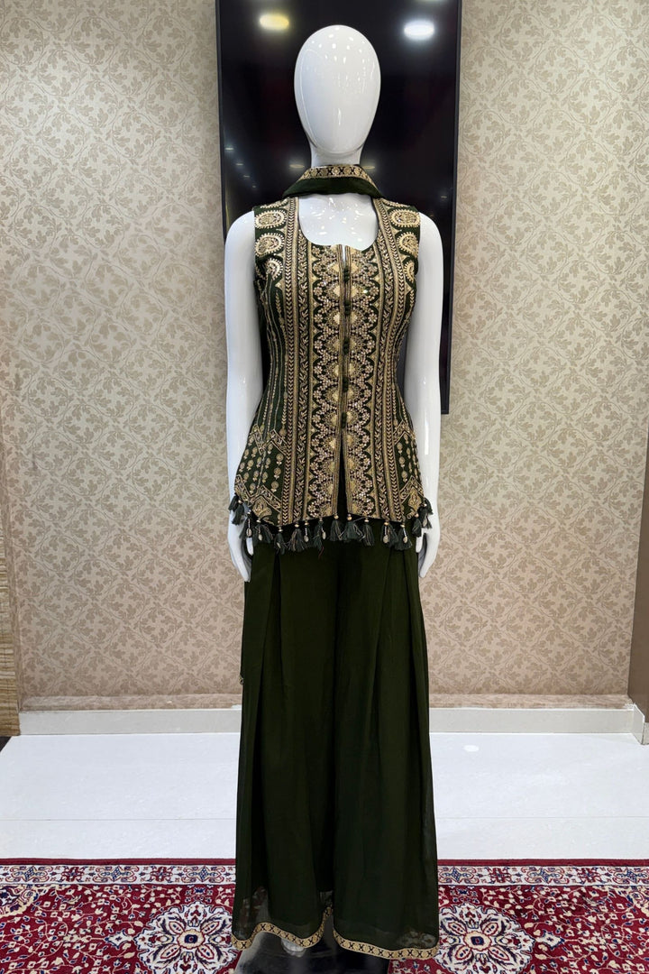 Bottle Green Palazzo Set Featuring All-Over Sequins, Zari, Stone and Beads