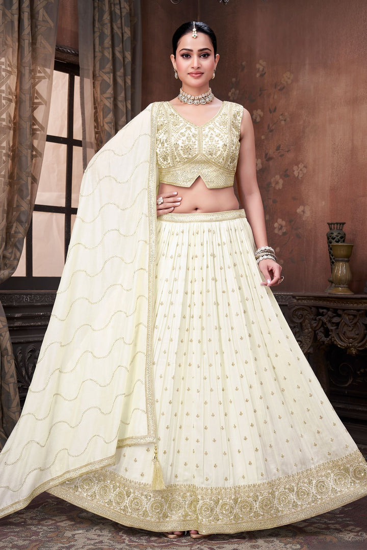 Half White Beads, Sequins and Zari work Crop Top Lehenga