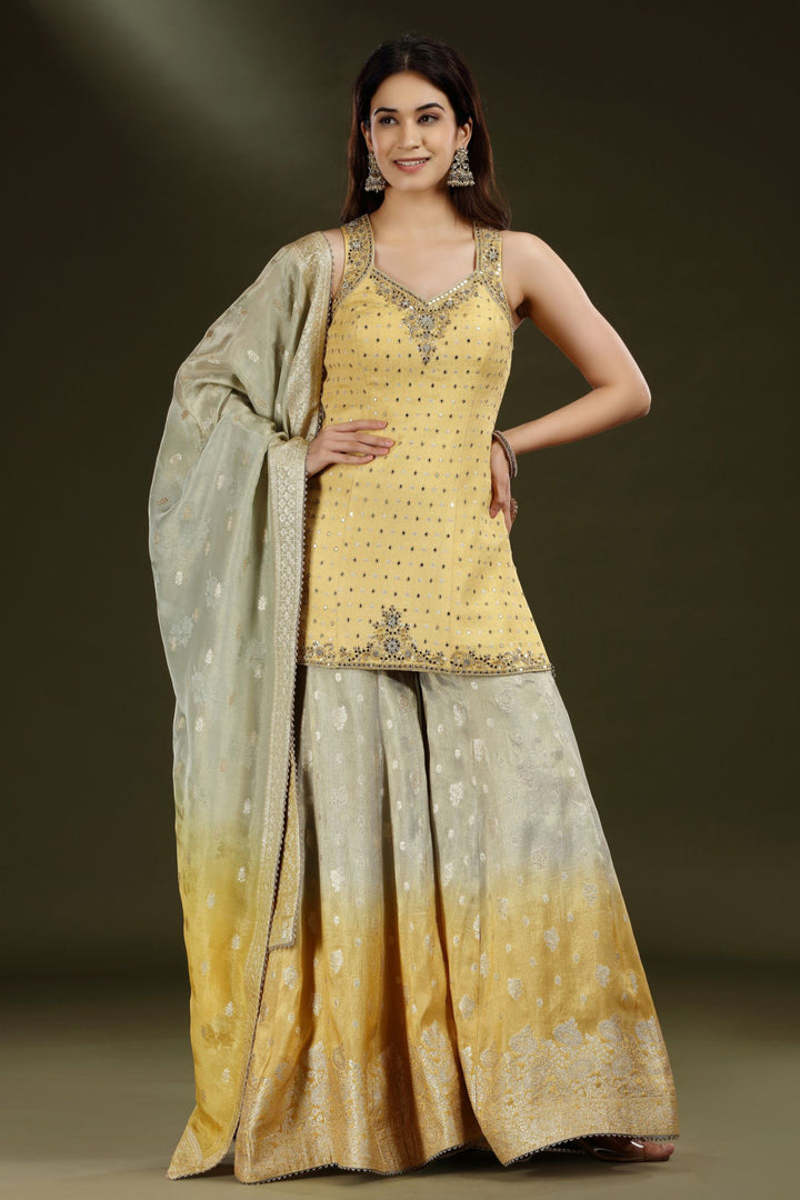Golden Yellow with Grey Mirror, Sequins, Zari, beads and Banaras work Palazzo Salwar Suit