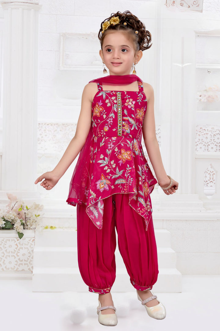 Rani Pink Zari, Stone, Sequins and Mirror work with Floral Print Joggers Set for Girls