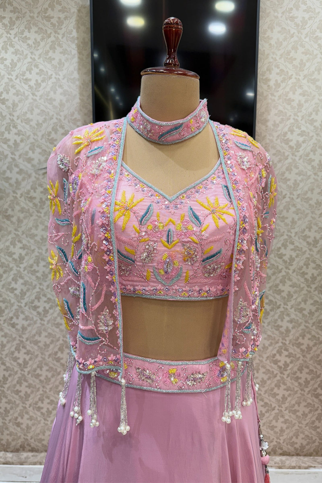 Light Pink Beads, Sequins and Stone work with Poncho Crop Top Lehenga