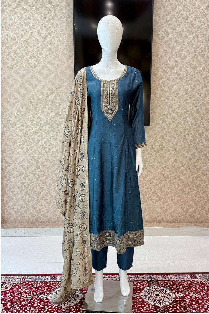 Teal Blue Embroidery and Sequins work A-line Cut Salwar Suit