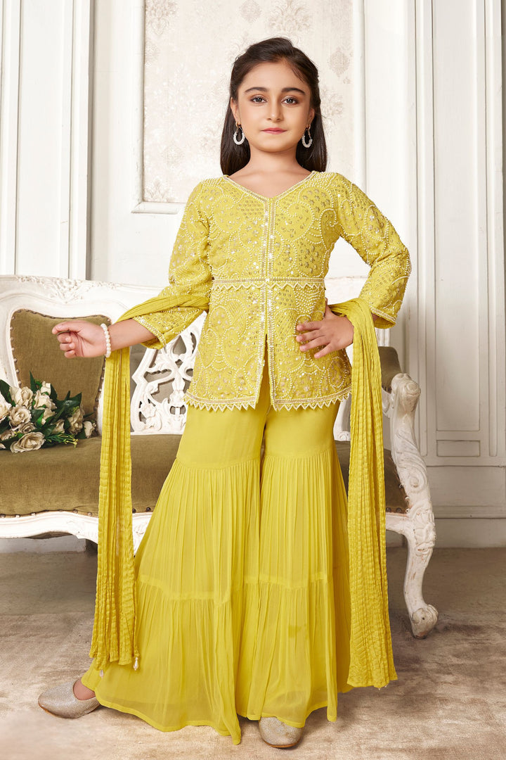 Yellow Beads, Sequins and Thread work Sharara Set for Girls with Belt