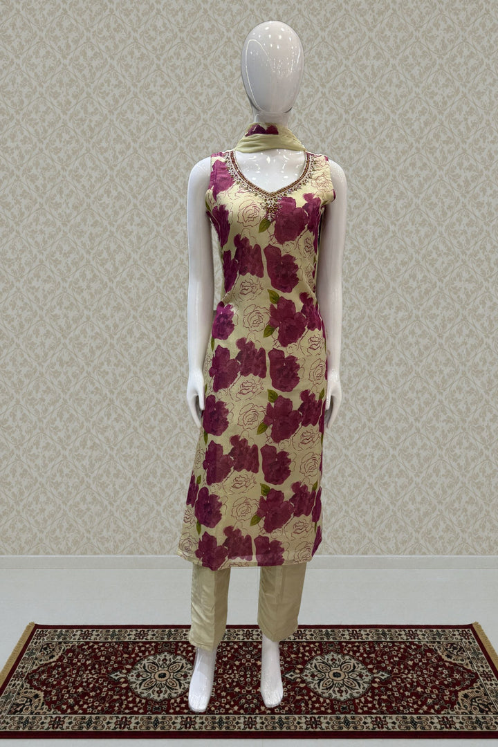 Beige with Purple Floral Print with Zardozi and Mirror work Straight Cut Salwar Suit