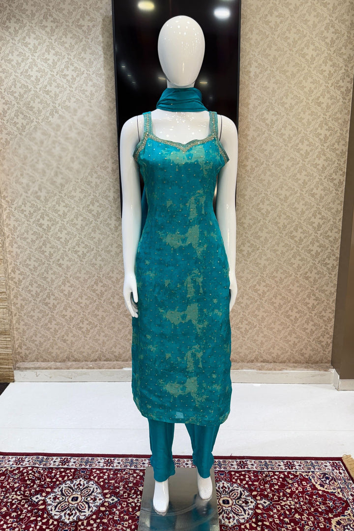 Rama Blue Stone, Zari, Zardozi and Mirror work Straight Cut Salwar Suit