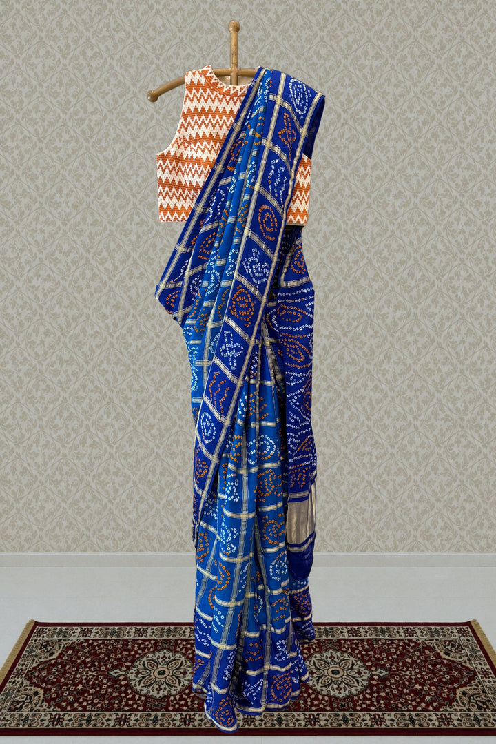 Royal Blue Traditional Bandhani Print Saree with Elegant Silver Zari Weaving