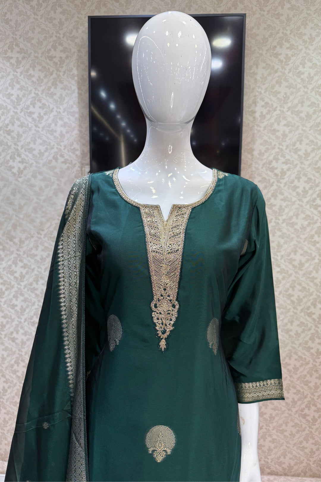 Bottle Green Banaras, Zardozi, Sequins, Beads and Zari work Straight Cut Salwar Suit
