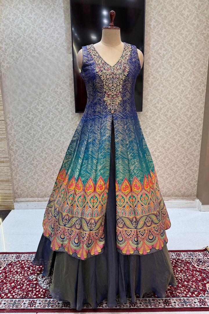 Blue with Rama Green Banaras work Mastani Styled Long Top Lehenga