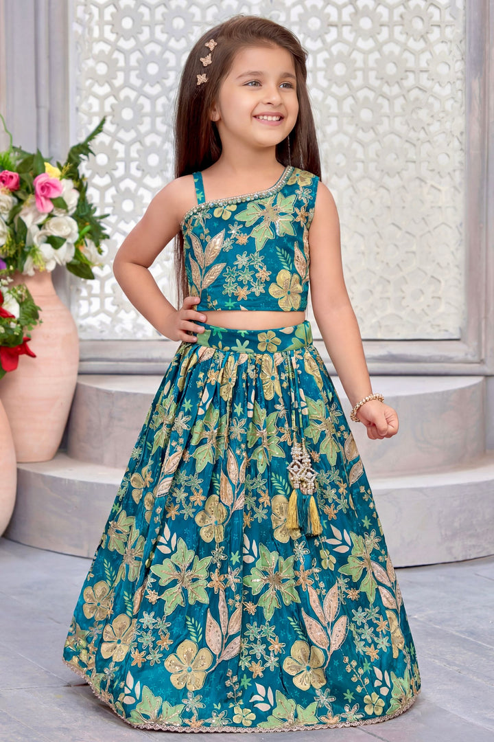 Rama Blue Sequins, Stone and Zari work with Floral Print Lehenga Choli for Girls