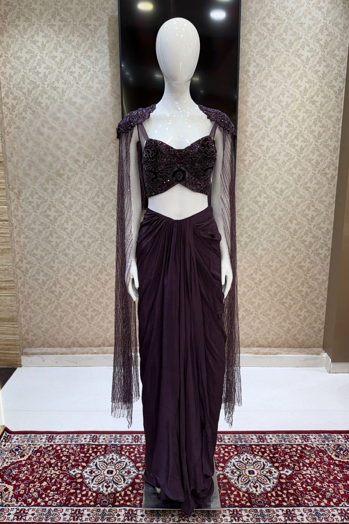 Wine Indo-Western Styled Beads and Sequins work Crop Top and Cowl Skirt