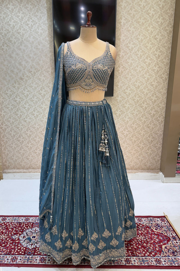 Grey Beads, Stone, Zari and Sequins work Crop Top Lehenga