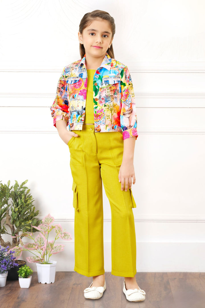 Neon Yellow with Multicolor Digital Print Jacket Styled Co-ord Set for Girls