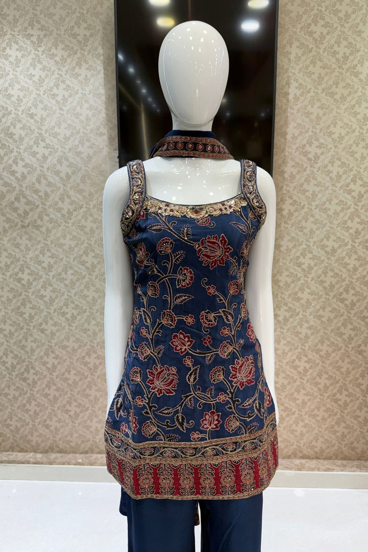 Navy Blue Zari, Zardozi, Sequins, Stone and Beads work with Floral Print Palazzo Salwar Suit