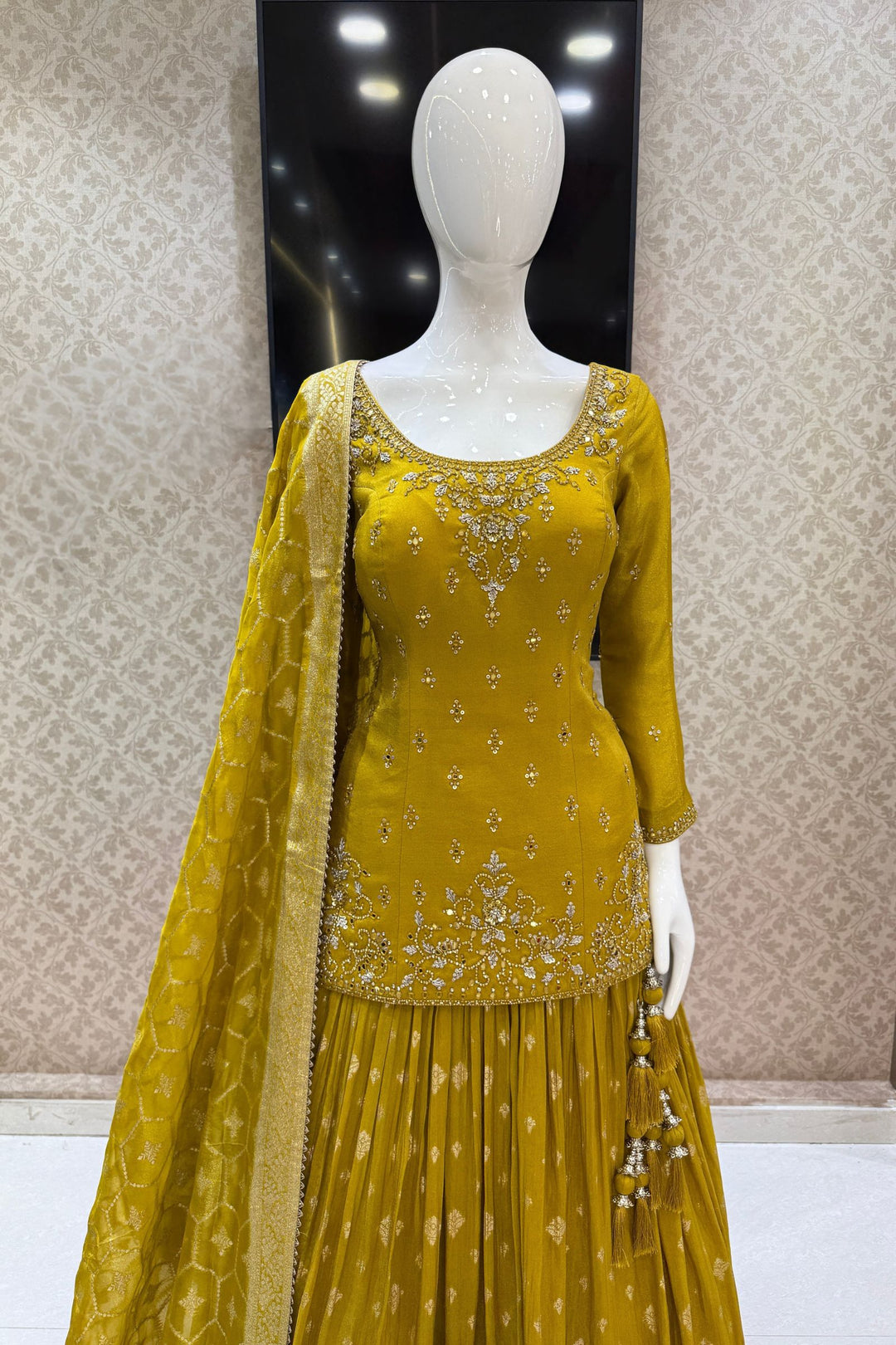 Yellow Mirror, Stone, Sequins, Zari, Beads and Banaras work Top with Lehenga