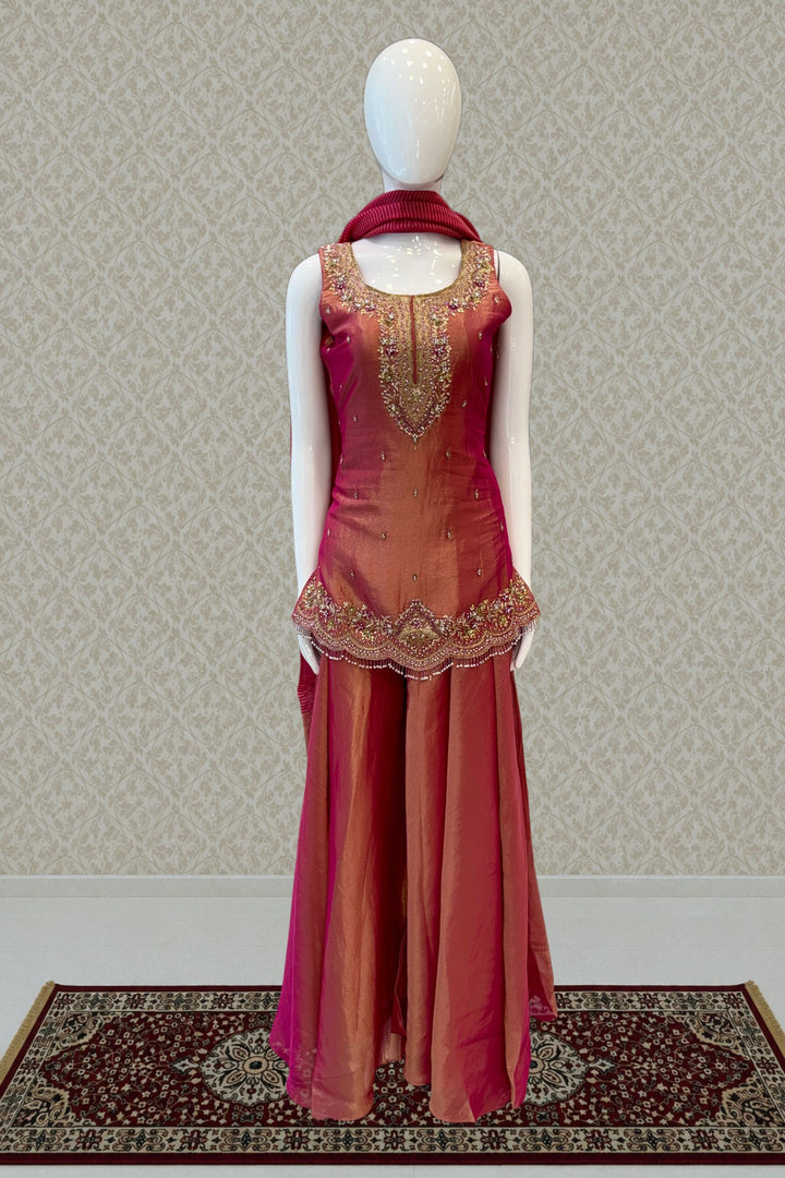 Rani Pink Palazzo Salwar Suit with Zardozi, Mirror and Beads Detailing
