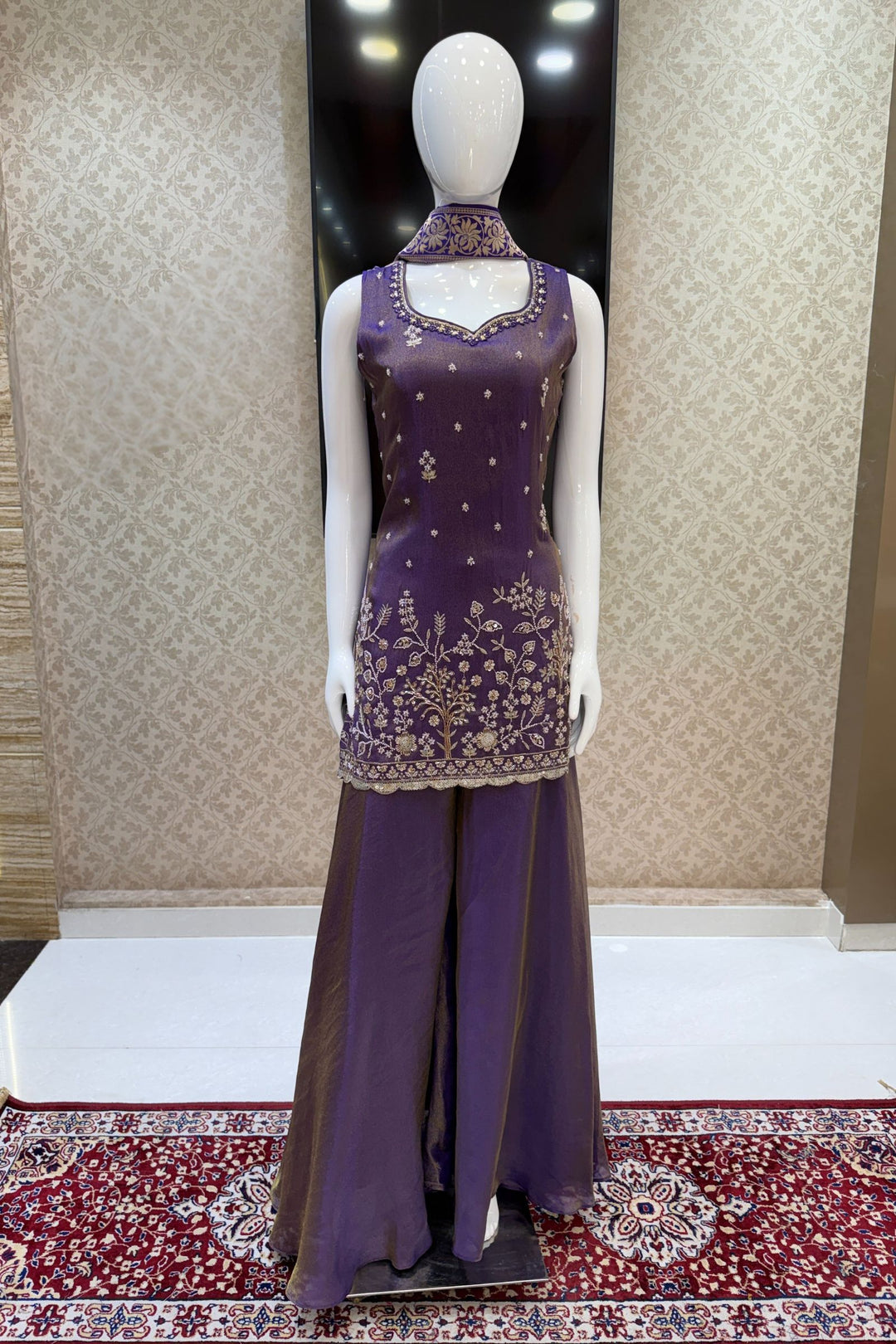 Purple Beads, Sequins, Zari and Mirror work Palazzo Salwar Suit