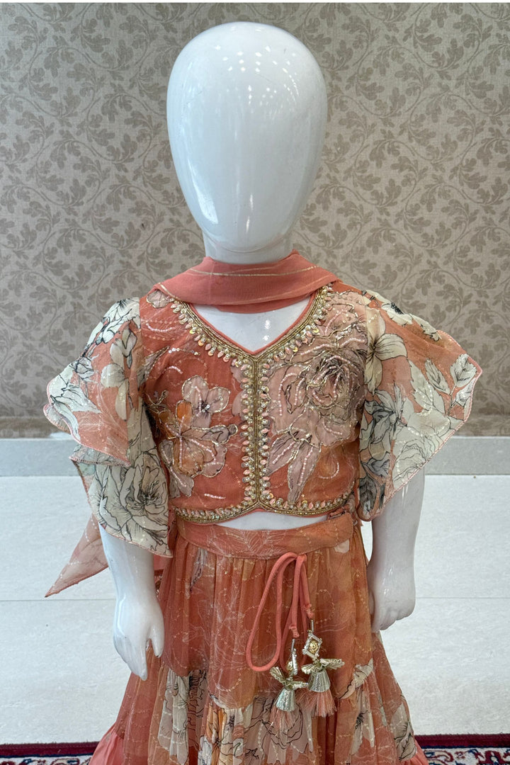 Peach Beads, Thread and Zardozi work with Floral Print Lehenga Choli for Girls