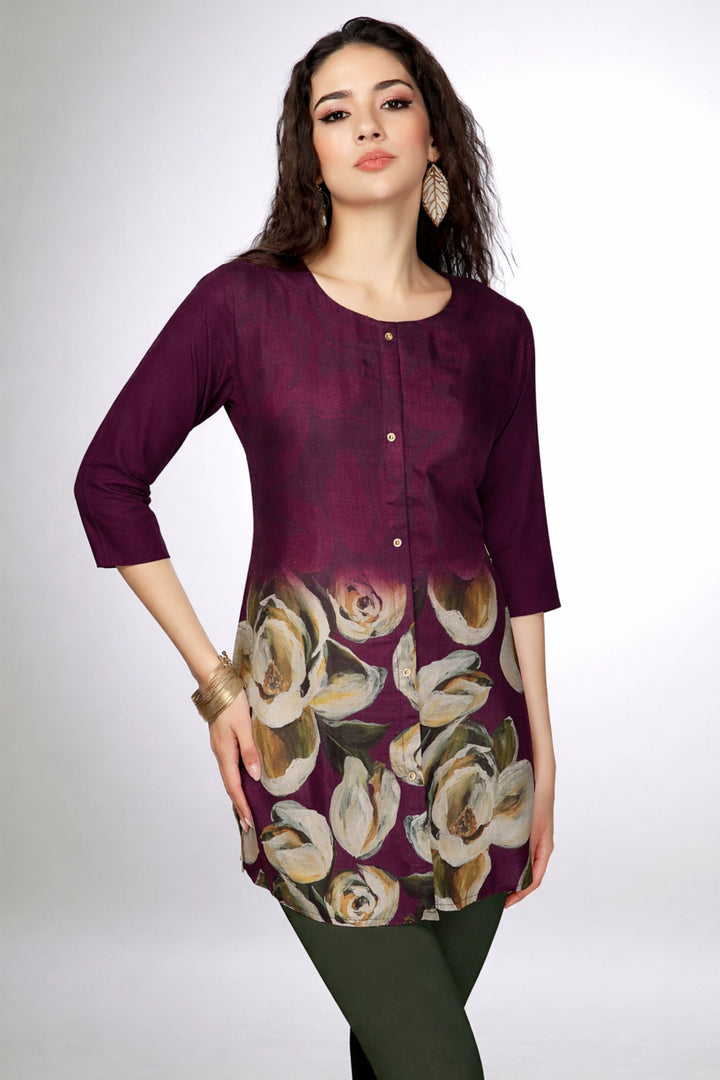 Wine with Multicolor Digital Print Short Kurti