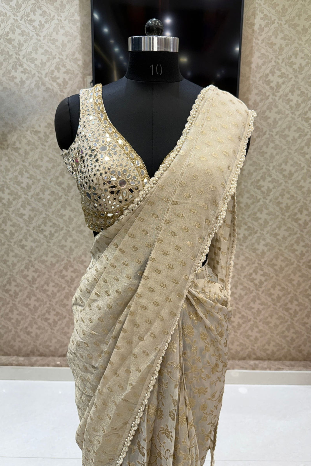 Cream Readymade Banaras work Saree with Mirror work Readymade Blouse