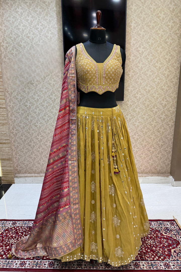 Olive Green Mirror, Beads, Zardozi and Sequins work Crop Top Lehenga