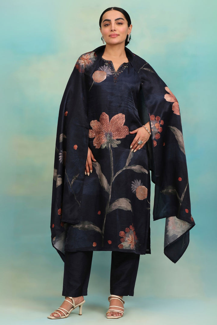 Navy Blue with Floral Print, Sequins and Beads work Straight Cut Salwar Suit