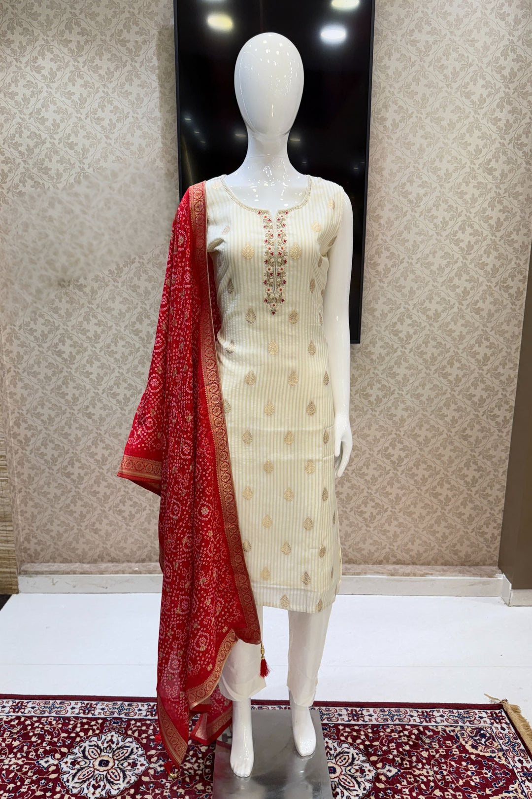 Cream Beads, Thread and Banaras work Straight Cut Salwar Suit with Bandini Print Dupatta