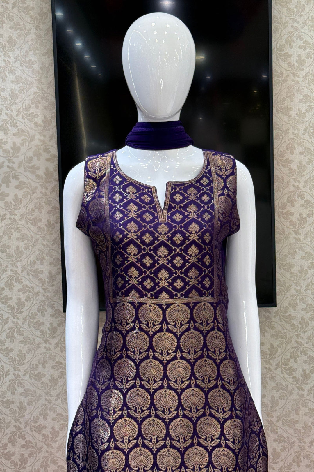 Purple Banaras work Straight Cut Salwar Suit