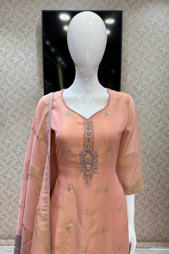 Peach Beads, Mirror, Sequins, Jacquard and Stone work Straight Cut Salwar Suit