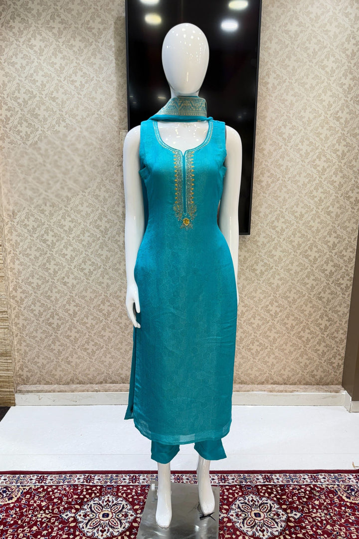 Rama Blue Thread, Sequins, Beads and Mirror work Straight Cut Salwar Suit