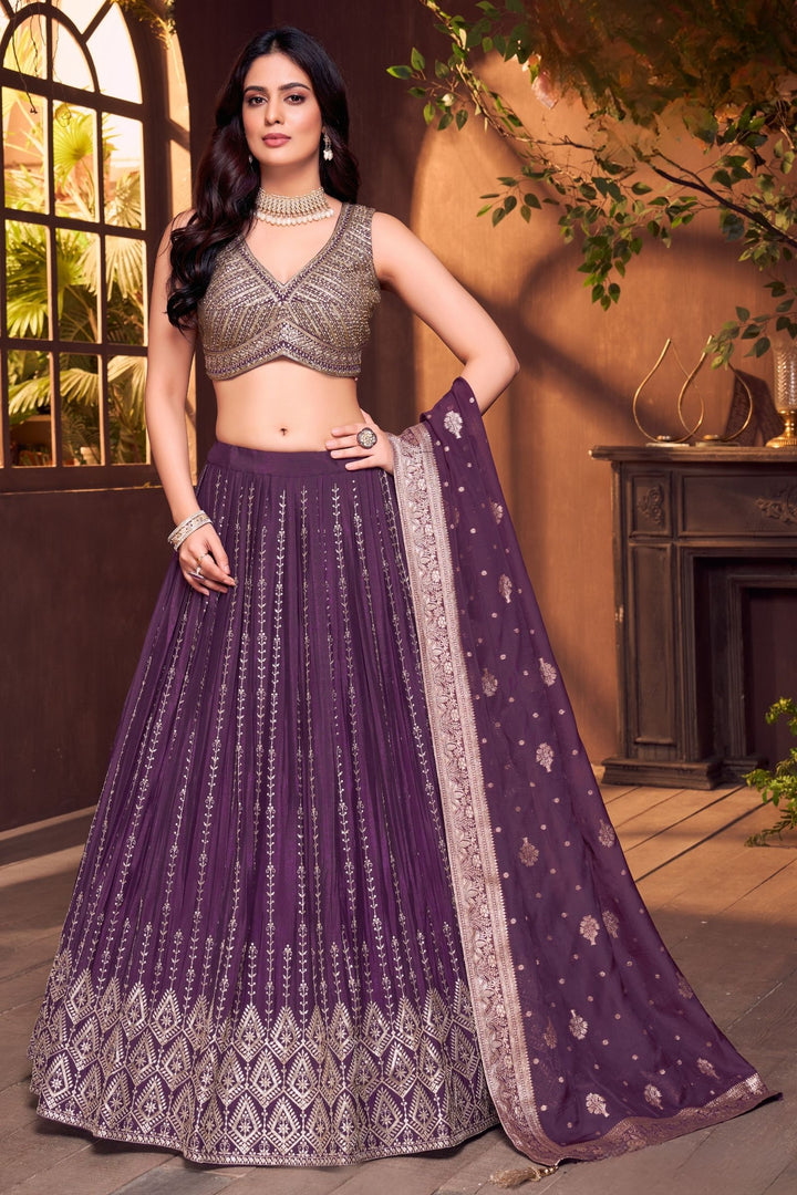 Purple Stone, Beads, Sequins and Zari work Crop Top Lehenga
