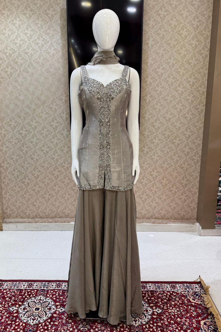 Grey Beads, Zardozi, Stone and Mirror work Palazzo Salwar Suit