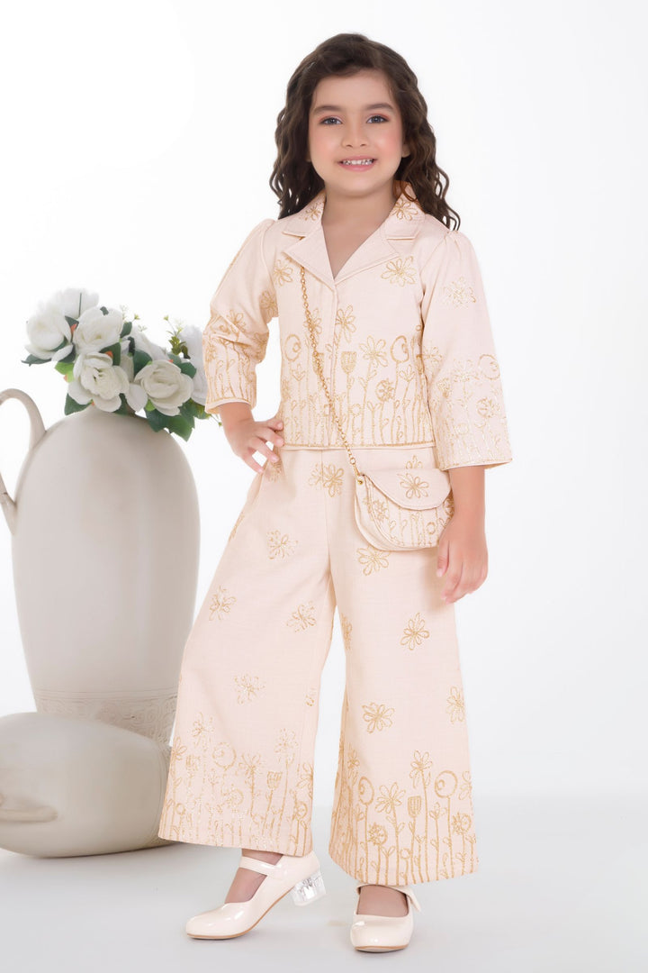 Cream Zari Thread work Co-ord Set for Girls with Bag
