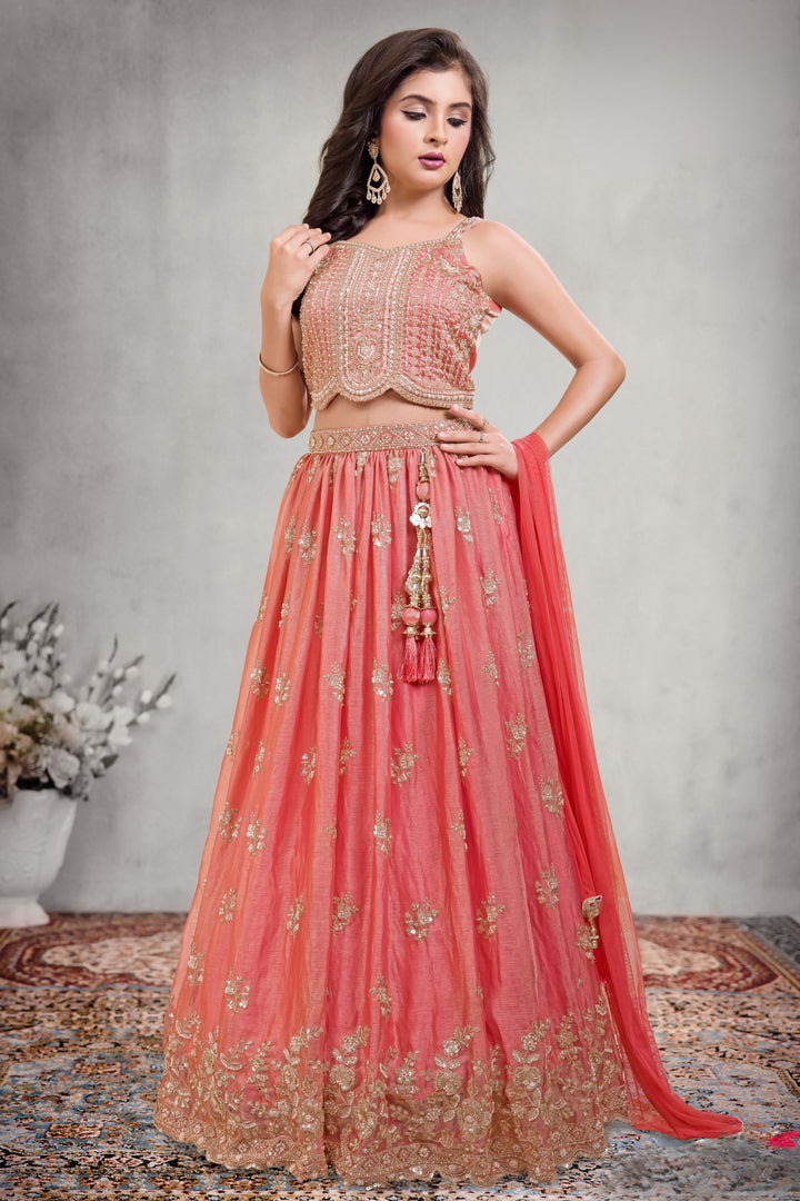 Peach Beads, Zari, Sequins and Pearl work Lehenga Choli for Girls