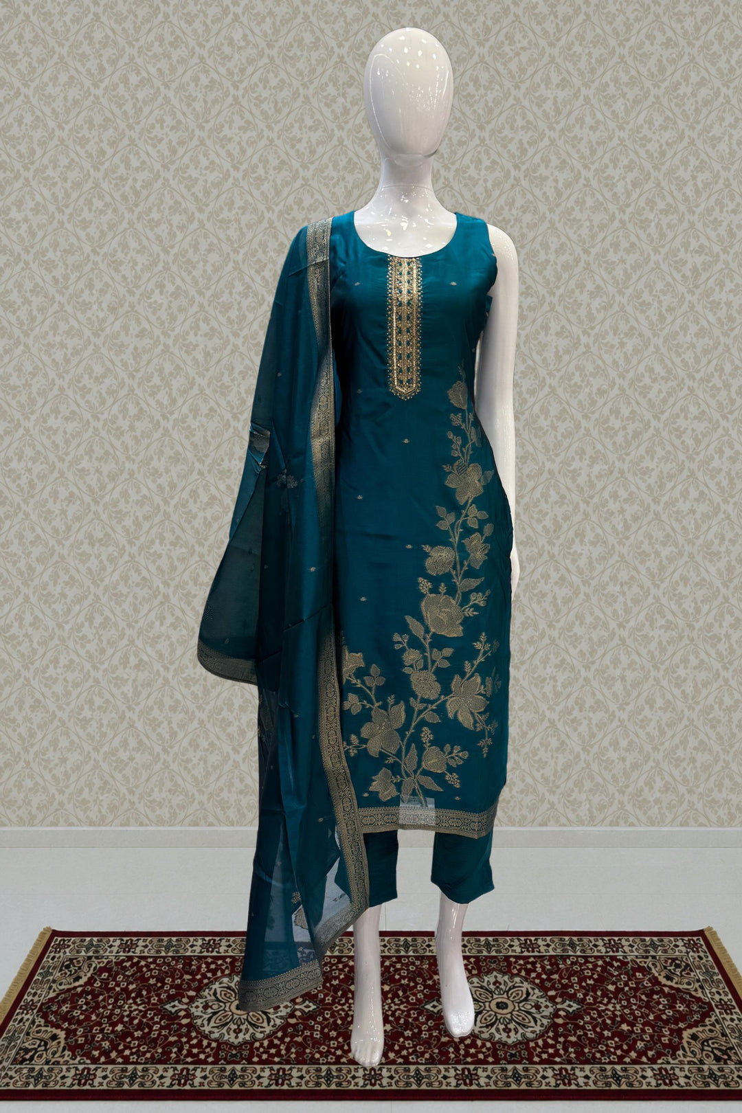 Rama Green Straight Cut Salwar Suit with Zardozi, Sequins, Stone, Zari and Banaras work