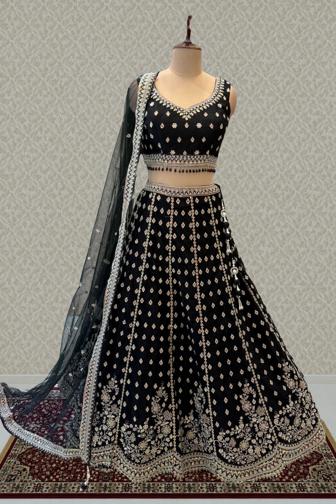 Black Designer Bridal Lehenga Intricate Zari, Sequins and Beads work
