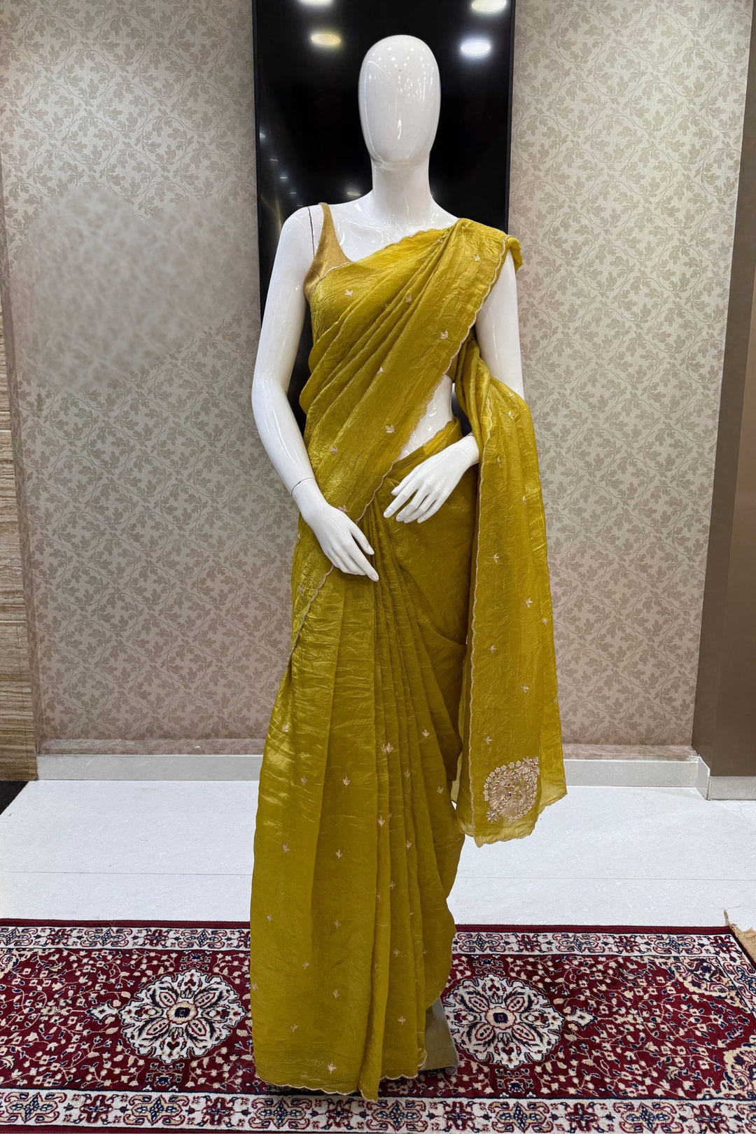 Liril Green Shimmer Tissue Saree with Scalloped Zari Border