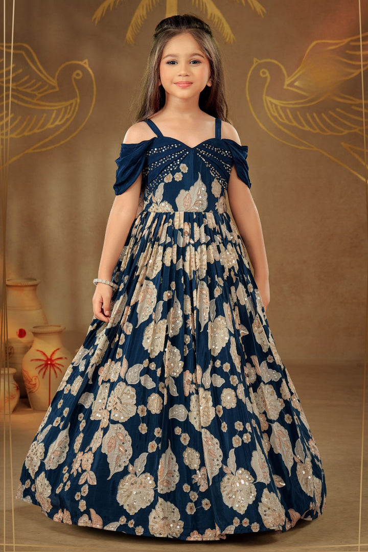 Navy Blue Sequins and Zari work with Floral Print Long Party Gown for Girls