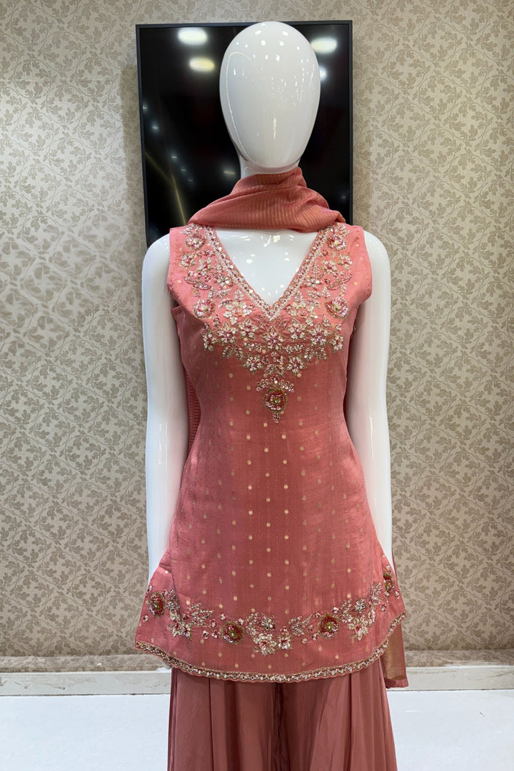 Peach Banaras Zari, Beads, Sequins, Mirror, Stone and Zardozi work Palazzo Salwar Suit