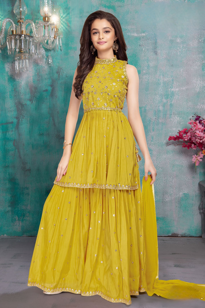 Yellow Sequins, Mirror, Stone, Zardozi and Zari work Palazzo Set For Girls