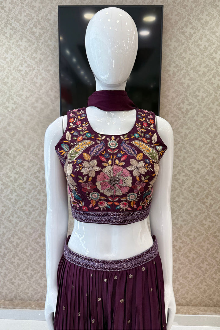 Wine Floral Embroidered Palazzo Set