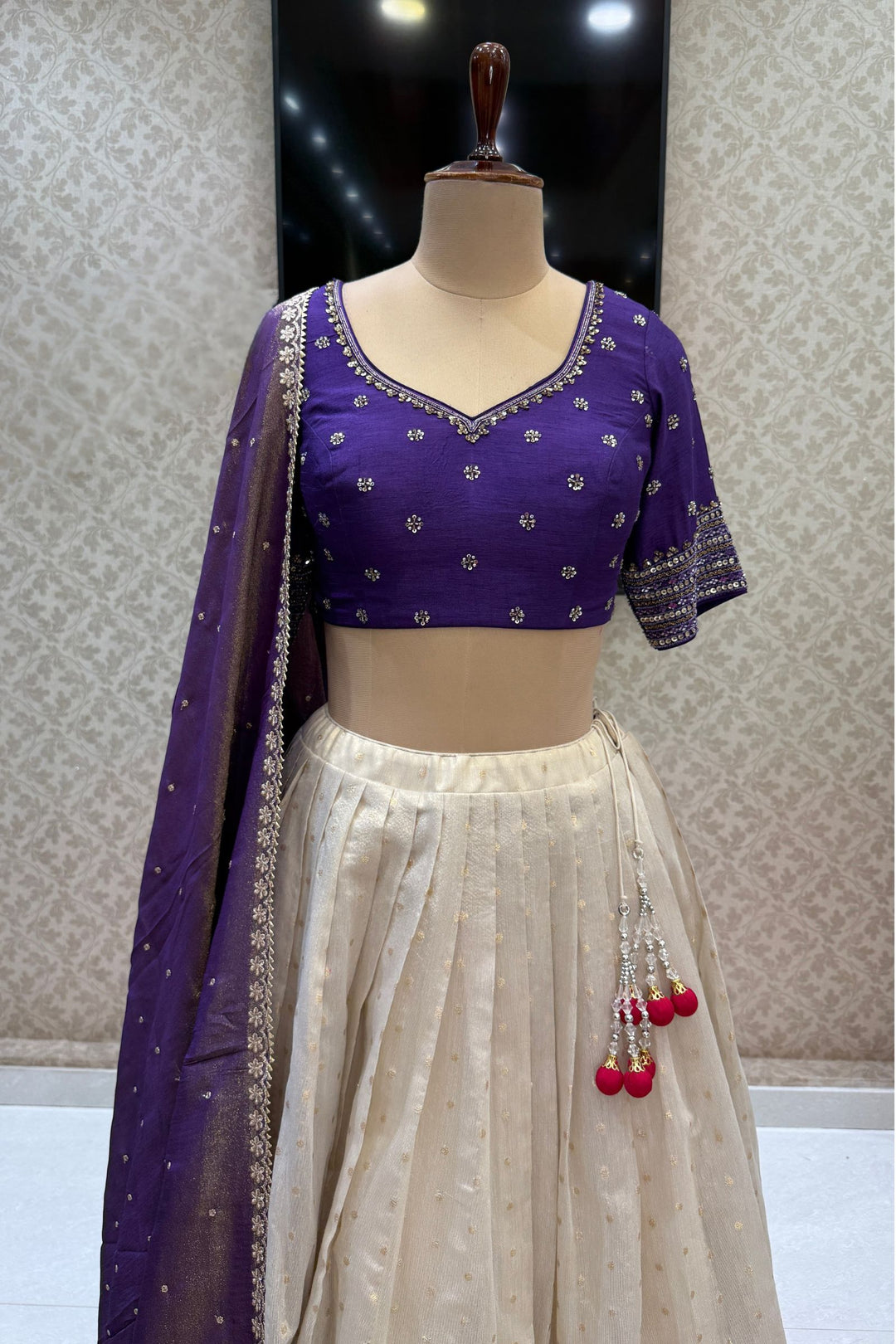 Designer Floral Banarasi Lehenga Set in Purple and Cream