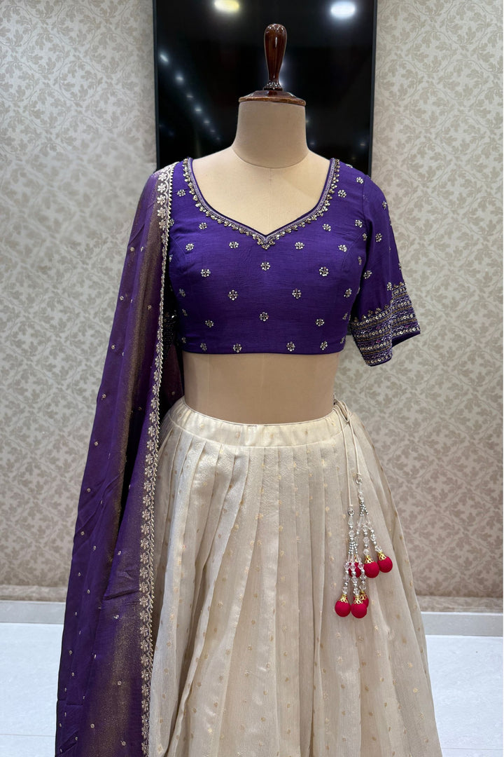 Designer Floral Banarasi Lehenga Set in Purple and Cream