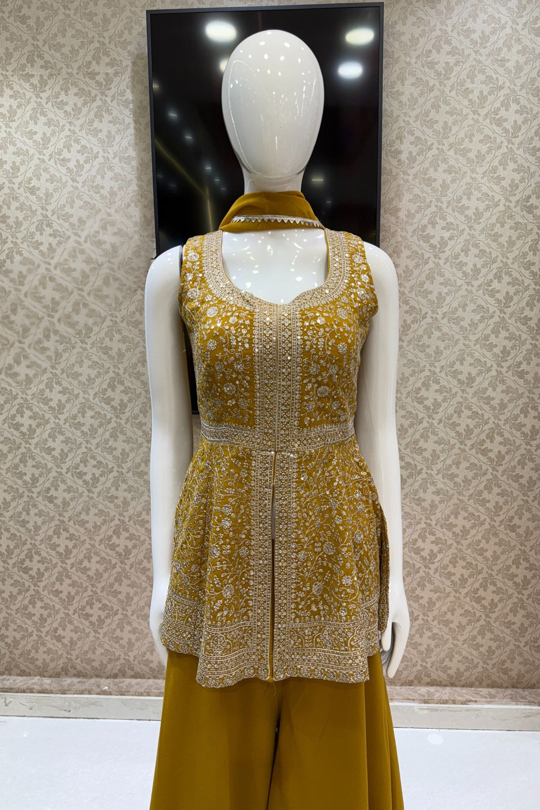 Mustard Silver Zari and Sequins work Peplum Top with Palazzo Suit Set