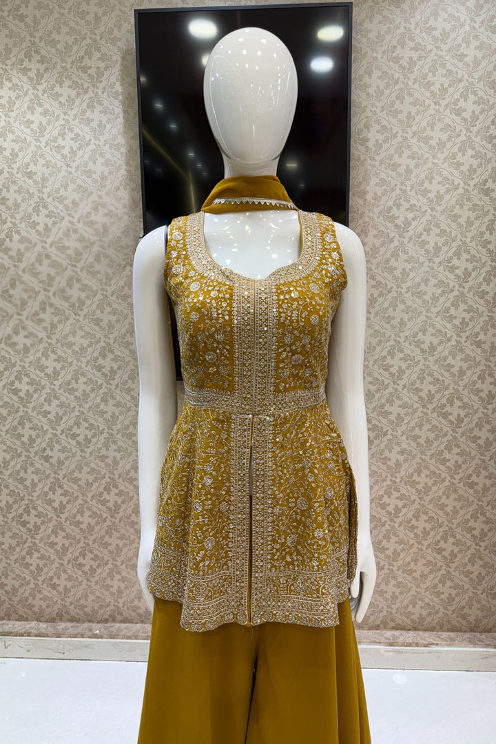 Mustard Silver Zari and Sequins work Peplum Top with Palazzo Suit Set