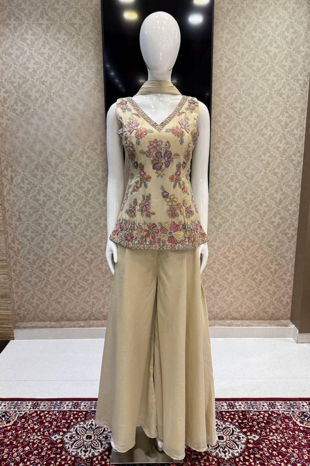 Cream Palazzo Set Featuring All-Over Multicolor Embroidery, Beads, Sequins and Zari