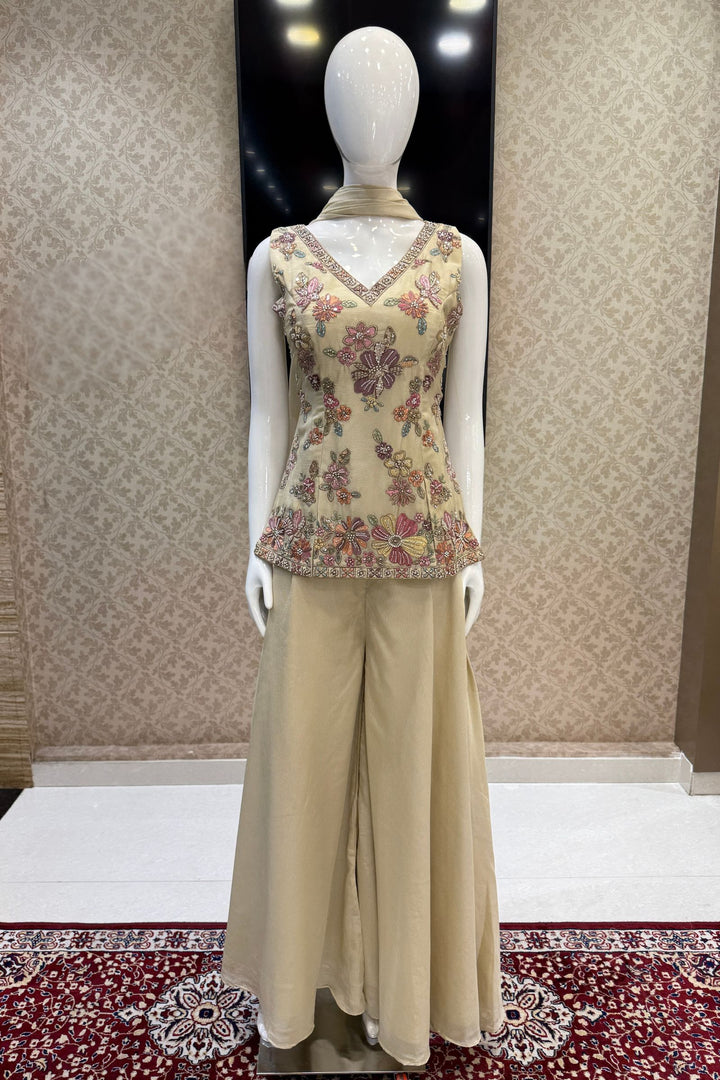 Cream Palazzo Set Featuring All-Over Multicolor Embroidery, Beads, Sequins and Zari