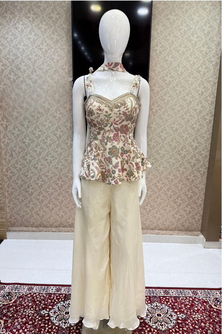 Cream Floral Print Peplum Top and Flared Palazzo Set with Zari and Beads work