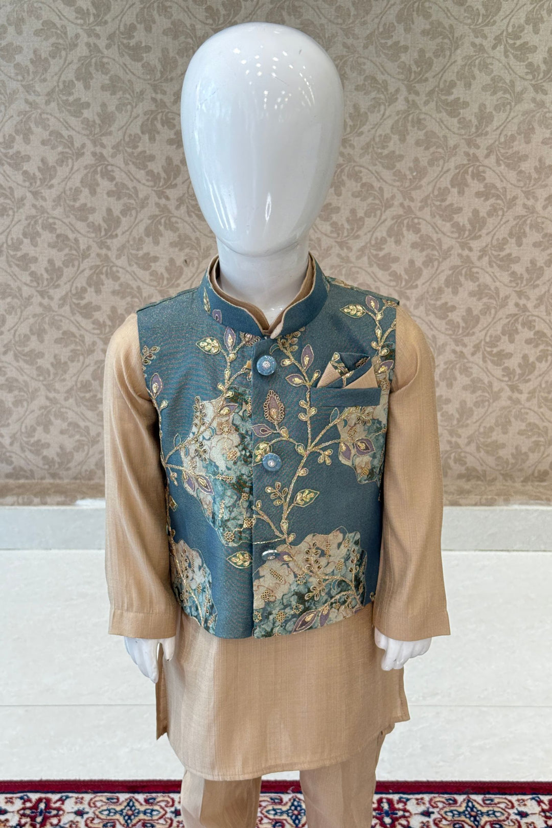 Blue with Gold Zari and Sequins work Waist Coat Kurta Set for Boys